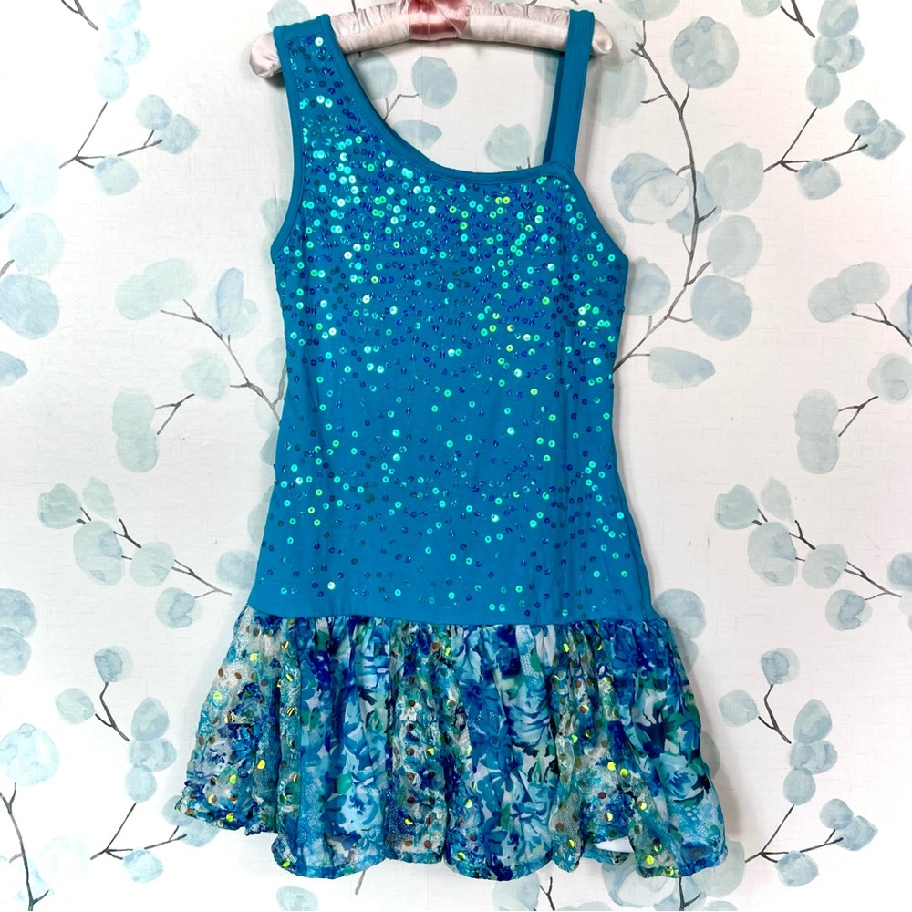 Justice Kids Turquoise Aqua Blue Dress Sequin Party Dress-up Floral Ruffled Lace - Picture 1 of 15